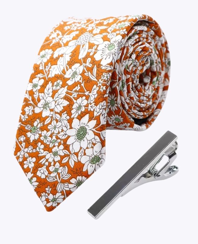Cravate + Pince à Cravate Liberty Orange Homme en Coton «Clovis» Cravate + Pince à Cravate Liberty Orange Homme en Coton «Clovis»