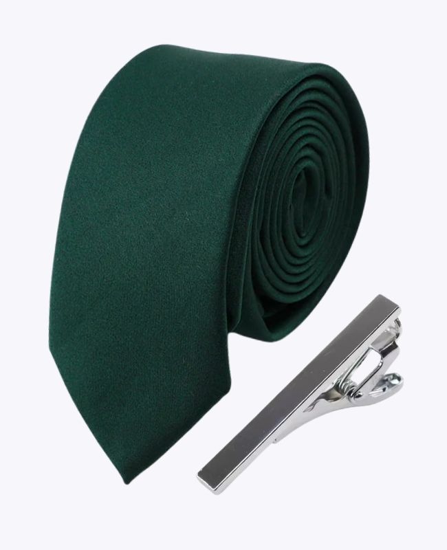 Cravate + Pince à Cravate Vert n°4 Homme en Polyester «Anatole» Cravate + Pince à Cravate Vert n°4 Homme en Polyester «Anatole»