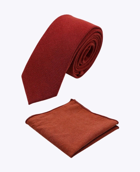 Herren-Krawatte + Einstecktuch „Edgard“ aus terrakottafarbener Baumwolle