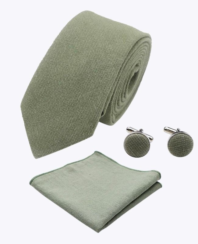 Cravate + Pochette de Costume + Boutons de Manchette Vert n°2 Homme en Coton «Edgard» Cravate + Pochette de Costume + Boutons de Manchette Vert n°2 Homme en Coton «Edgard»