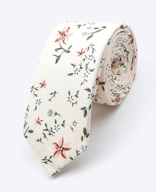 Cravate + Pochette de Costume + Pince à Cravate Liberty Blanc n°8 Homme en Coton «Charles»