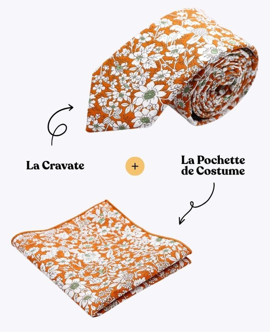 Cravate + Pochette de Costume Liberty Orange Homme en Coton «Clovis»