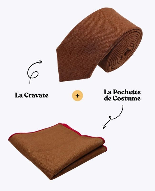 Cravate + Pochette de Costume Marron n°1 Homme en Lin «Basile»