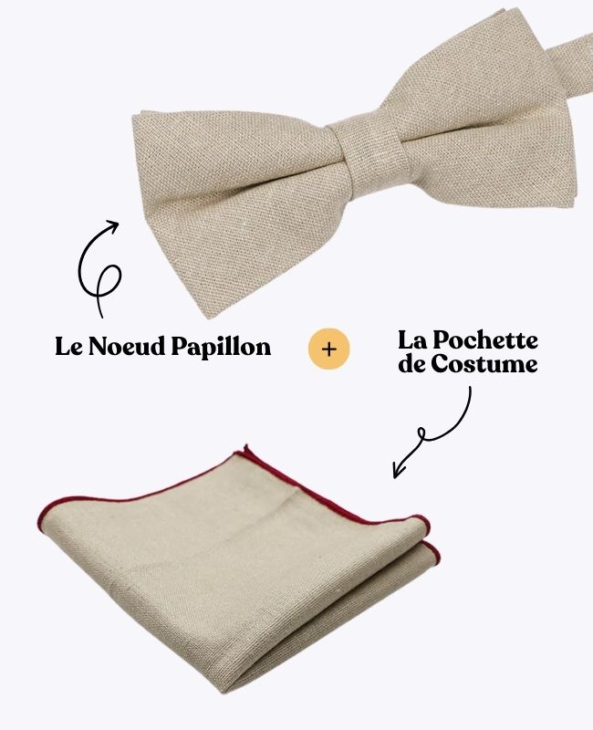 Noeud Papillon + Pochette de Costume Beige n°2 Homme en Lin «Basile»