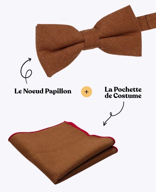 Noeud Papillon + Pochette de Costume Marron Homme en Lin «Basile»