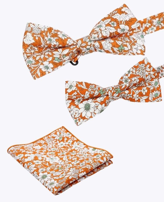 Noeuds Papillon Liberty Orange Père & Fils + Pochette de Costume en Coton «Clovis»